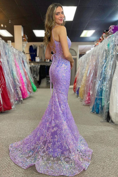 Lilac V Neck Sequins Mermaid Long Prom Dresses VK24032701