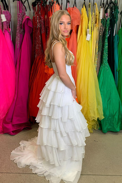 Cute V Neck White Chiffon Tiered Long Prom Dresses with Slit