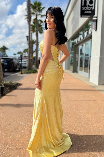 Mermaid Sweetheart Yellow Satin Long Prom Dress with Slit VK26022806