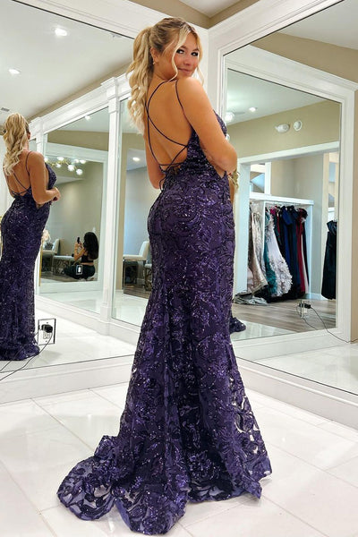 Graple V Neck Neck Sequin Lace Mermaid Long Prom Dress VK23102407