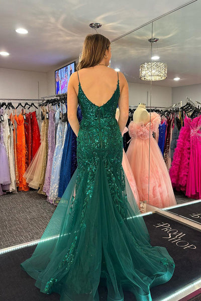 Green V Neck Tulle Appliques Mermaid Long Prom Dresses VK24030902