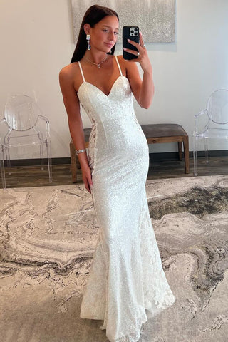 White V Neck Sequin Mermaid Long Prom Dresses with Appliques VK24010606