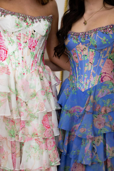 Cute A Line Strapless Blue Floral Satin Prom Dress with Beading
