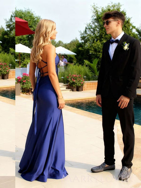 Mermaid V Neck Navy Stretch Satin Prom Dress with Slit VK16020605