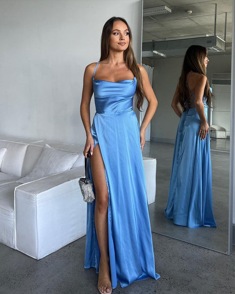 A Line Cowl Neck Blue Silk Saitn Bridesmaid Dresses with Slit VK23052605