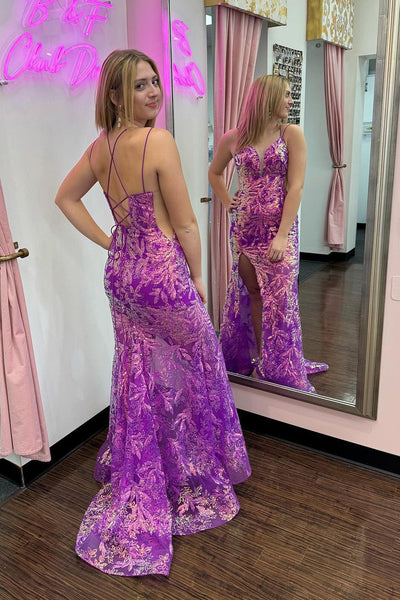 Purple Sequins Lace V Neck Mermaid Long Prom Dress with Slit VK23123108