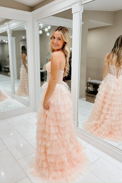 Cute A Line Straps Glitter Tiered Tulle Long Prom Dresses