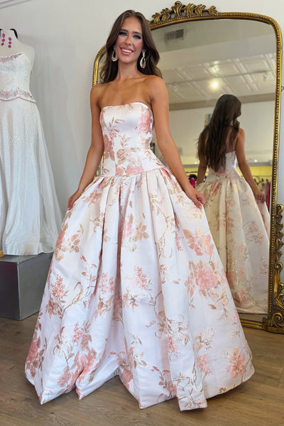 A-Line Strapless Light Pink Jacquard Satin Long Prom Dress VK26102602