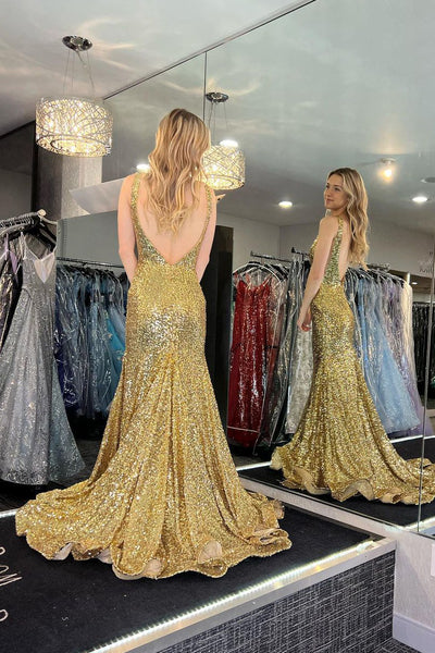 Gold V Neck Sequins Mermaid Prom Dresses VK24010802