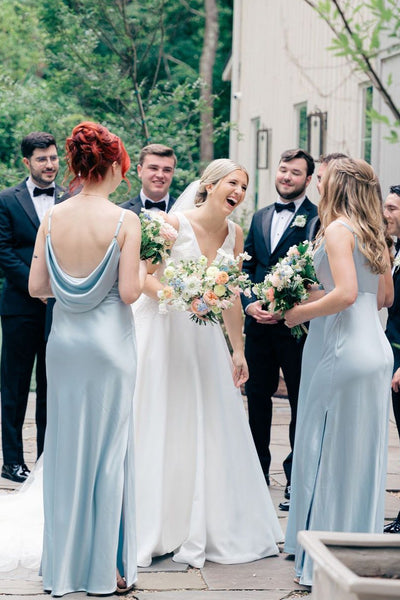 Elegant Mermaid Light Blue Satin Long Bridesmaid Dresses with Slit VK24052903
