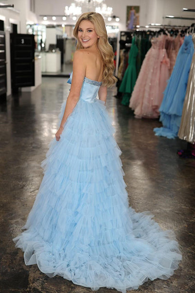 Light Blue Sweetheart Tiered Tulle Long Prom Dresses VK24021903
