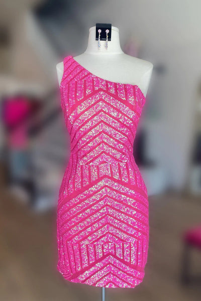 Hot Pink One Shoulder Sequins Tight Short Homecoming Dress VK23091701
