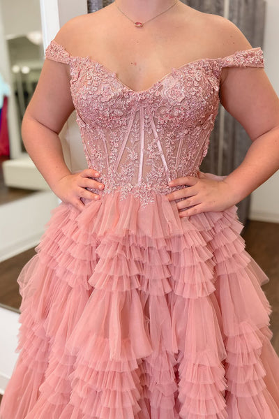 Ball Gown Off the Shoulder Blush Pink Ruffle Tiered Tulle Prom Dresses with Appliques VK021206