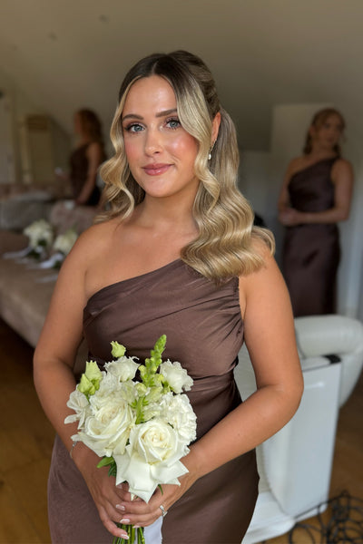 Sheath One Shoulder Brown Silk Satin Long Bridesmaid Dresses VK26081005