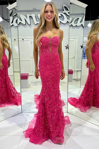 Fuchsia Sweetheart Tulle Lace Long Prom Dresses with Appliques VK24020404