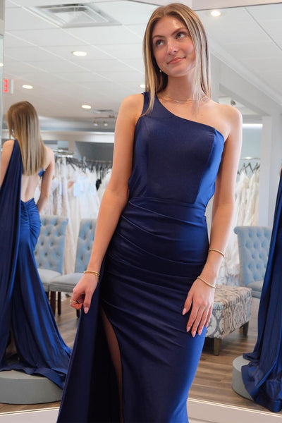 Simple Mermaid One Shoulder Navy Blue Satin Long Prom Dresses VK24032704