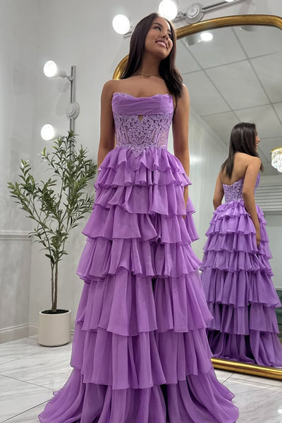 A-Line Strapless Purple Ruffle Tiered Chiffon Long Prom Dresses VKPD011