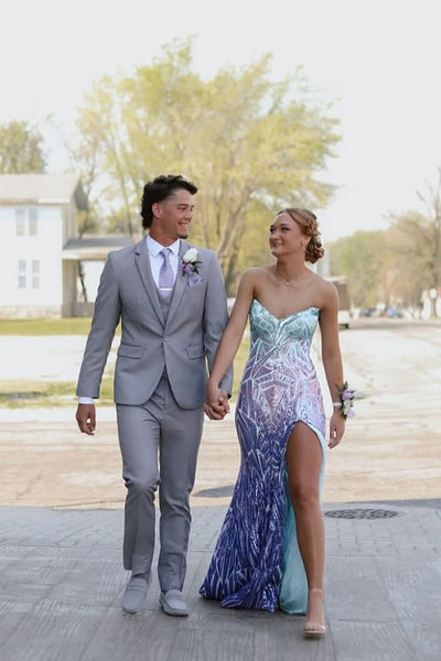 Charming Mermaid V Neck Sequins Slit Prom Dress VK25053106