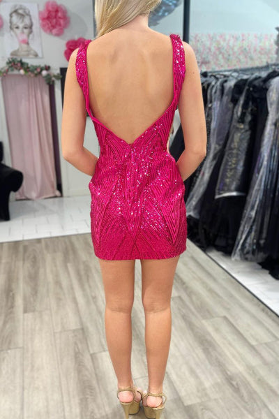 Sparkly V Neck Fuchsia Sequin Tight Short Homecoming Dresses VK23081907