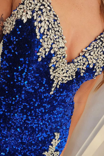 Royal Blue Strapless Sequin Lace Long Prom Dresses with Slit VK24030804