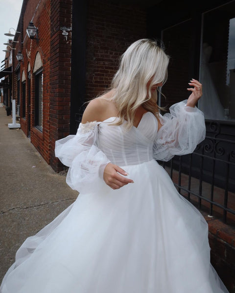 Fairy Ball Gown Sweetheart Tulle Long Wedding Dresses with Ruffled Sleeves VK23052305