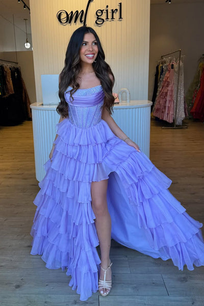 Stunning A Line Scoop Neck Lavender Chiffon Tiered Prom Dress with Slit VK162409