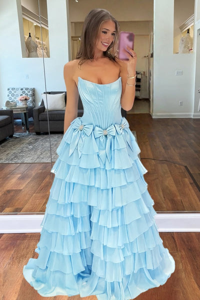 Stunning A-Line Strapless Blue Bow Ruffle Tiered Long Prom Dresses with Slit VK26011309
