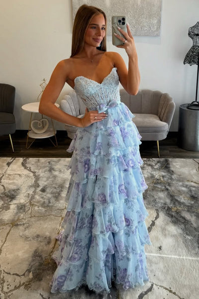 A-Line Strapless Tiered Floral Print Tiered Prom Dresses with Slit VK26012701
