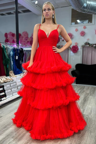 Blue A-Line Tiered Long Tulle Prom Dress with Ruffles VK23082608