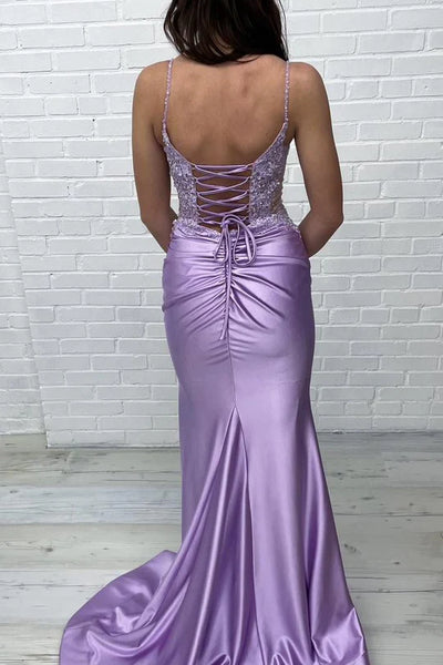 Cute Mermaid V Neck Lavender Satin Prom Dress with Appliques VK25010206