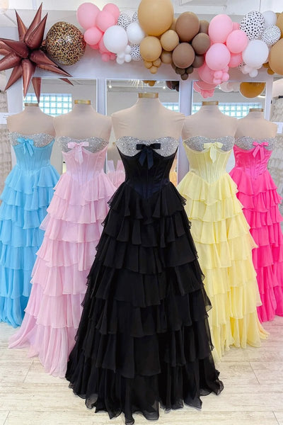 Pink Sweetheart A Line Chiffon Ruffled Long Formal Prom Dresses With Beading