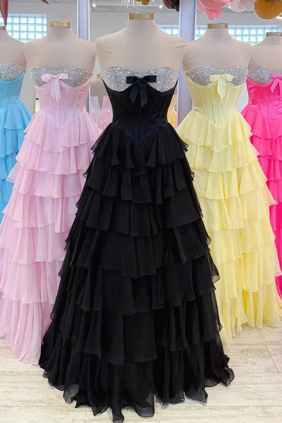 Pink Sweetheart A Line Chiffon Ruffled Long Formal Prom Dresses With Beading