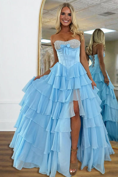 Pink Sweetheart A Line Chiffon Ruffled Long Formal Prom Dresses With Beading