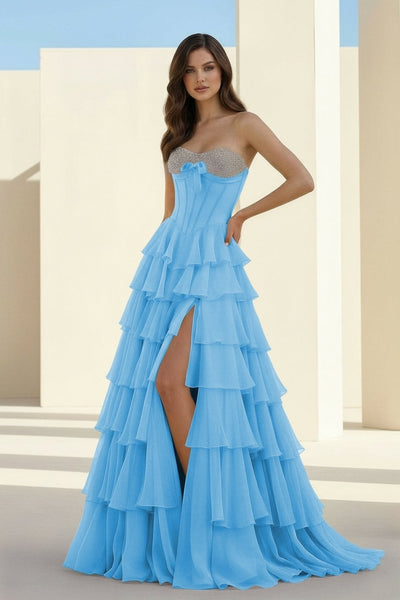 Pink Sweetheart A Line Chiffon Ruffled Long Formal Prom Dresses With Beading