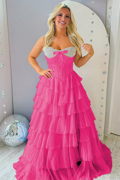 Pink Sweetheart A Line Chiffon Ruffled Long Formal Prom Dresses With Beading