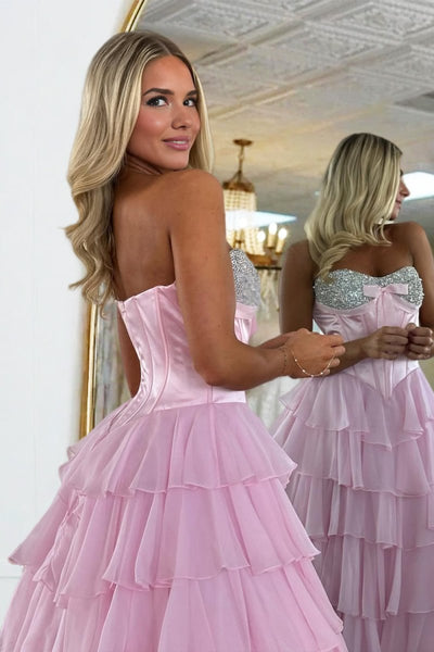 Pink Sweetheart A Line Chiffon Ruffled Long Formal Prom Dresses With Beading
