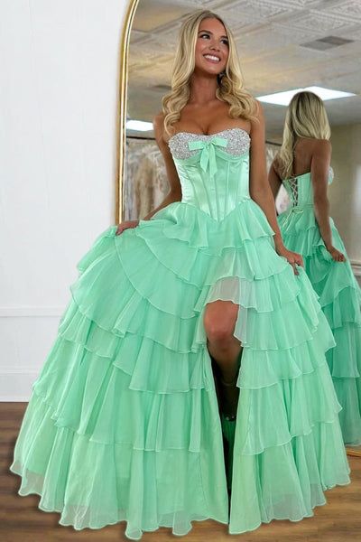 Pink Sweetheart A Line Chiffon Ruffled Long Formal Prom Dresses With Beading