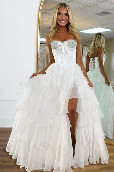 Pink Sweetheart A Line Chiffon Ruffled Long Formal Prom Dresses With Beading