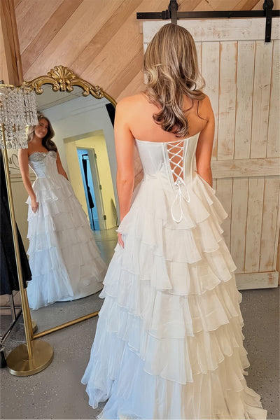 Pink Sweetheart A Line Chiffon Ruffled Long Formal Prom Dresses With Beading