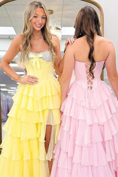 Pink Sweetheart A Line Chiffon Ruffled Long Formal Prom Dresses With Beading
