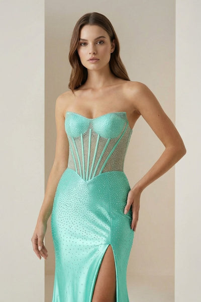 Aqua - Mermaid Strapless Satin Beaded Long Formal Prom Dresses With Slit