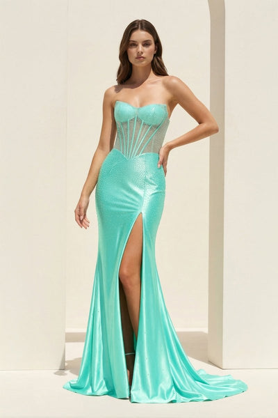 Aqua - Mermaid Strapless Satin Beaded Long Formal Prom Dresses With Slit