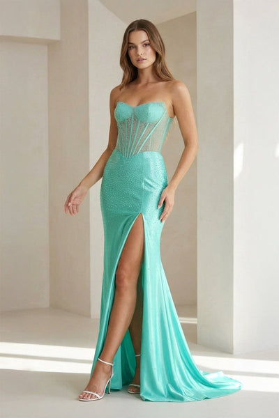 Aqua - Mermaid Strapless Satin Beaded Long Formal Prom Dresses With Slit
