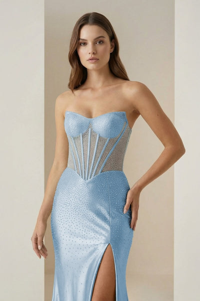 Aqua - Mermaid Strapless Satin Beaded Long Formal Prom Dresses With Slit