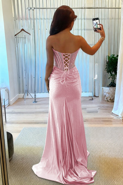 Aqua - Mermaid Strapless Satin Beaded Long Formal Prom Dresses With Slit