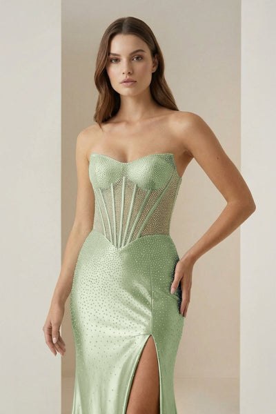 Aqua - Mermaid Strapless Satin Beaded Long Formal Prom Dresses With Slit