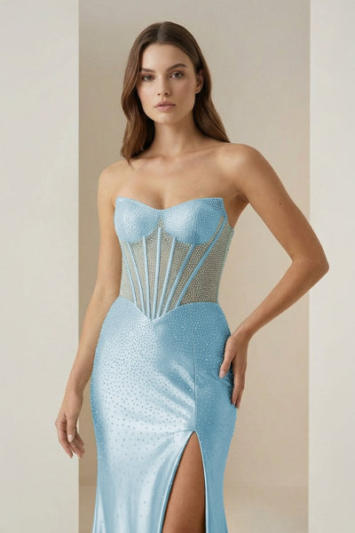 Aqua - Mermaid Strapless Satin Beaded Long Formal Prom Dresses With Slit