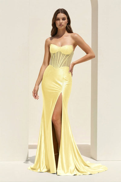 Aqua - Mermaid Strapless Satin Beaded Long Formal Prom Dresses With Slit