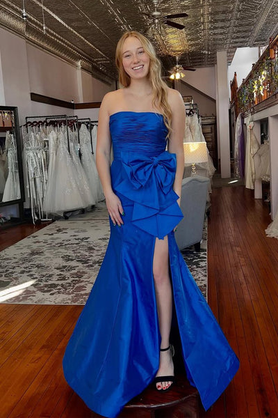 Red Strapless Mermaid Big Bow Satin Pleated Formal Prom Dress with Slit