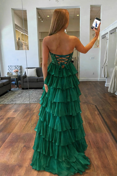 Emerald - A Line Strapless Chiffon Beaded Corset Long Prom Dress With Slit VK26031520
